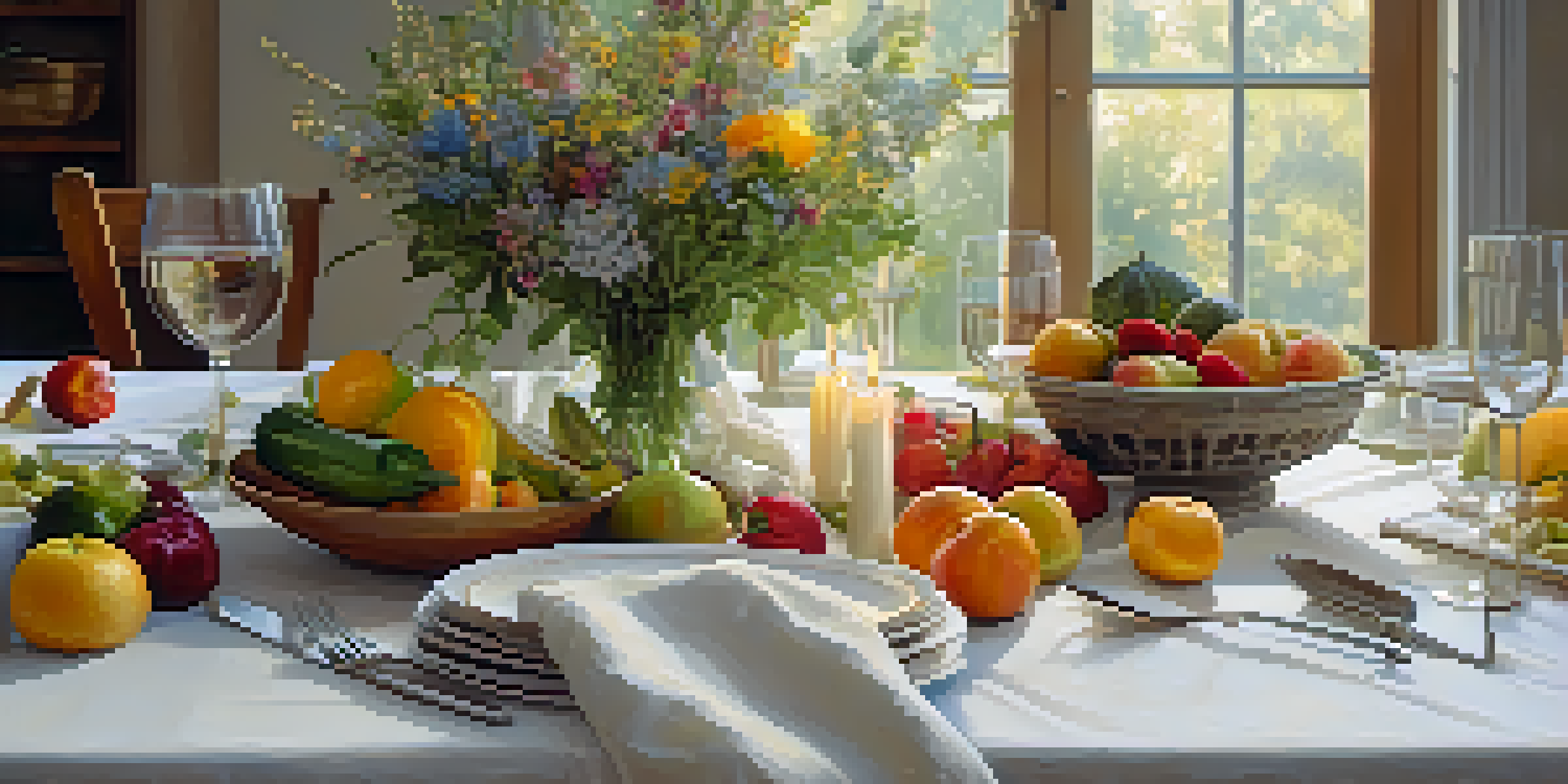 A beautifully arranged dining table with fresh fruits and vegetables, soft candlelight, and a vase of wildflowers, creating a peaceful and inviting atmosphere for mindful eating.