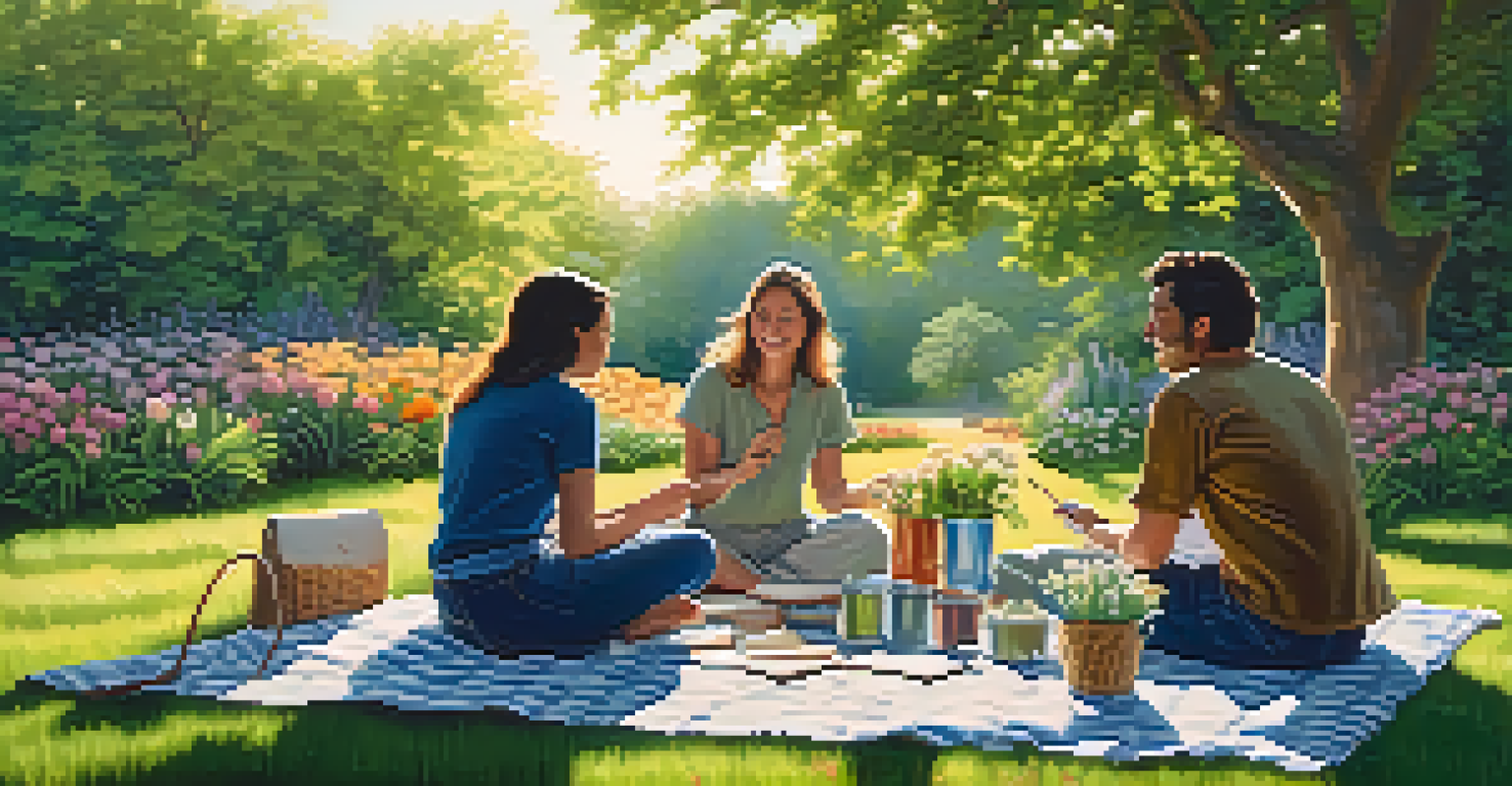A group of artists collaborating in a beautiful garden, painting on canvases surrounded by flowers during golden hour.