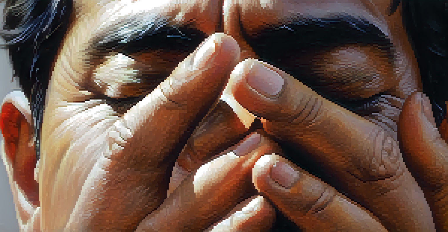 A close-up of a man's hands practicing Nadi Shodhana, with one nostril closed, in a calm, well-lit setting.