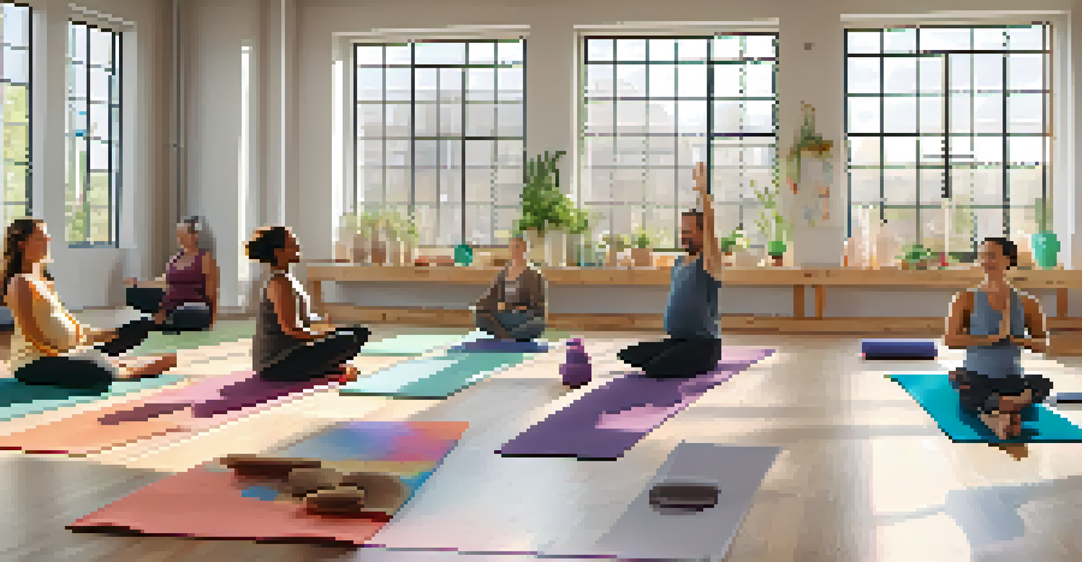 A group of expectant parents practicing yoga together in a bright studio, sharing smiles and encouragement.