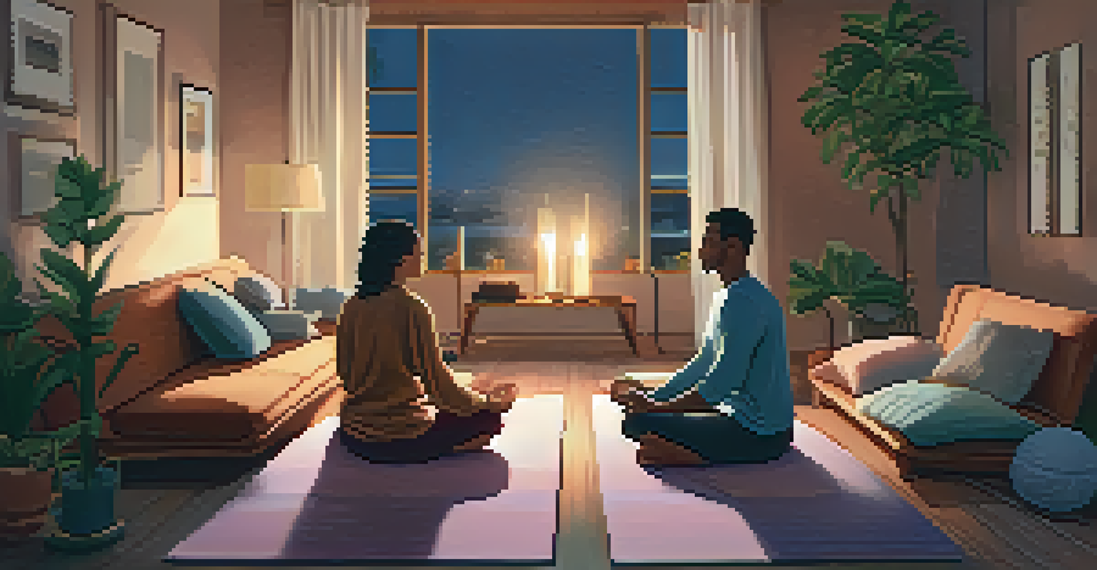 Two partners sitting cross-legged in a cozy living room, practicing synchronized breathing on yoga mats, surrounded by warm lighting.