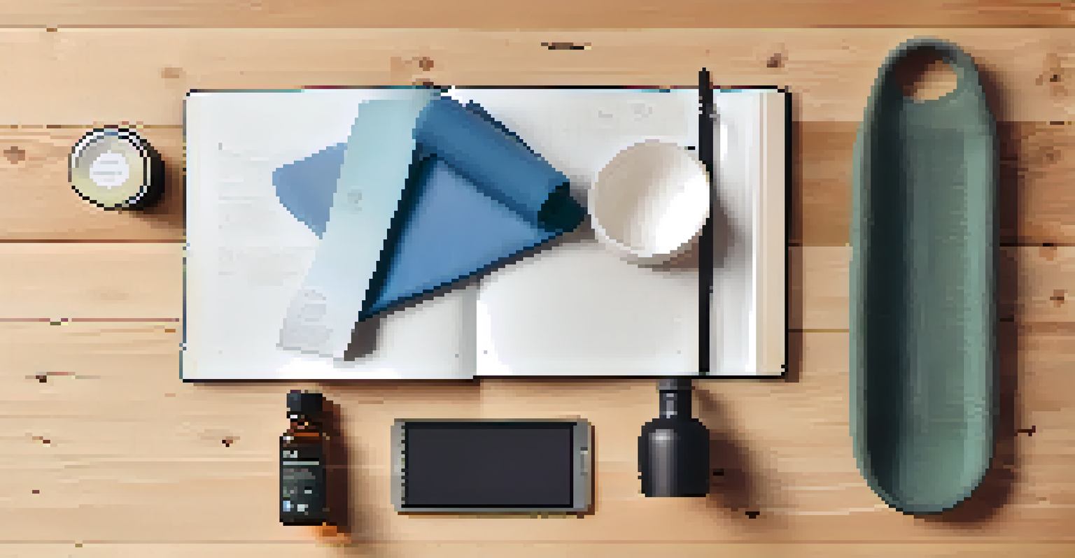 A flat lay of yoga essentials including a yoga mat, peppermint oil, a water bottle, and a journal on a wooden surface.