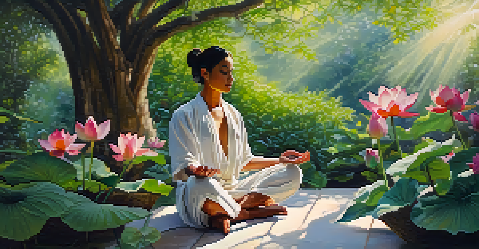 An individual meditating in a lush garden surrounded by colorful flowers and dappled sunlight.