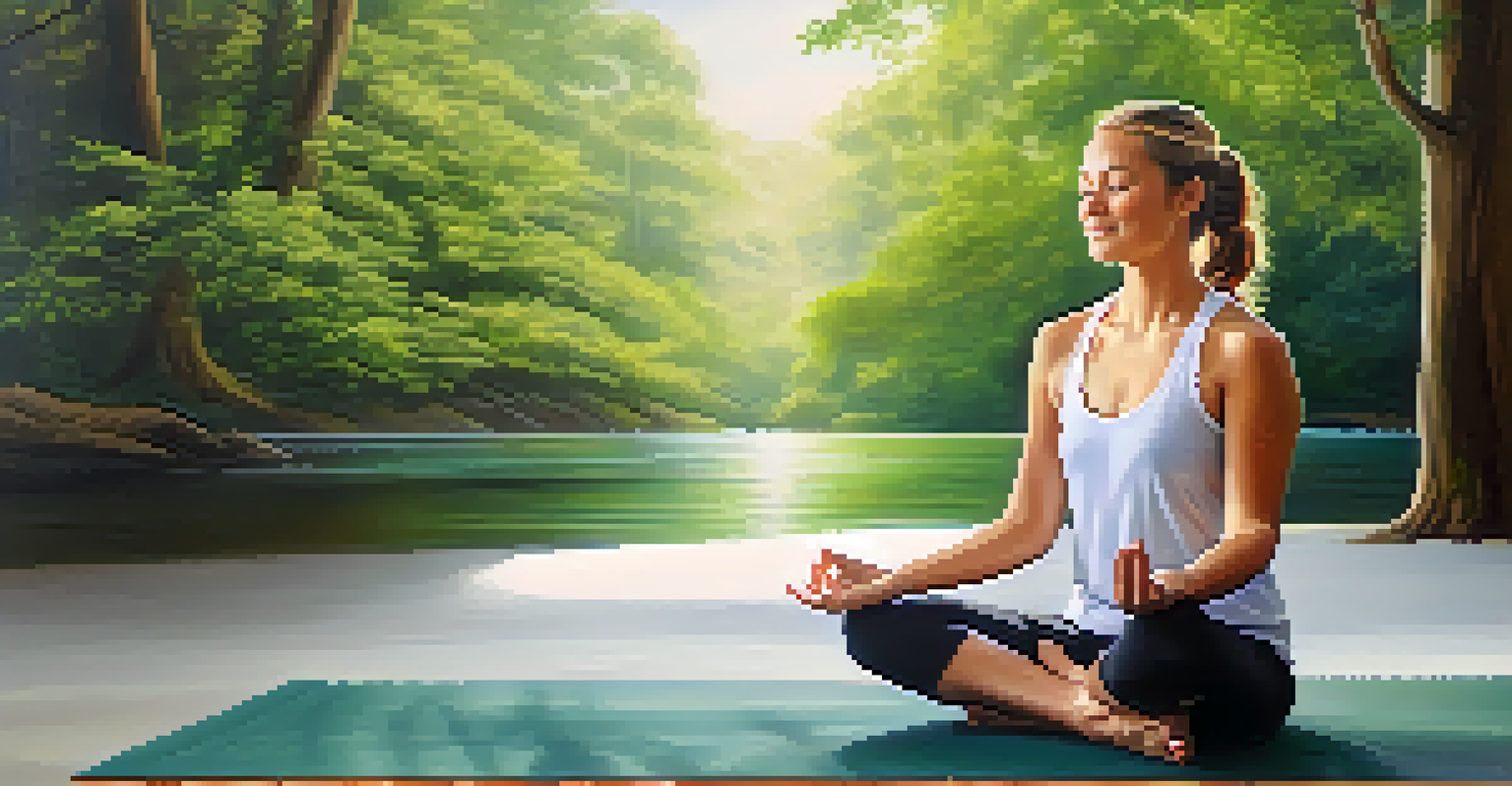 A person meditating on a yoga mat with a gentle smile, surrounded by a tranquil nature scene, representing mindfulness and self-kindness.