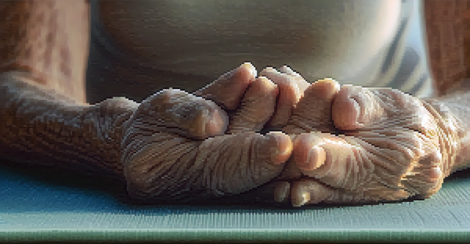 Close-up of an older person's hands on a yoga mat in a peaceful yoga studio setting.