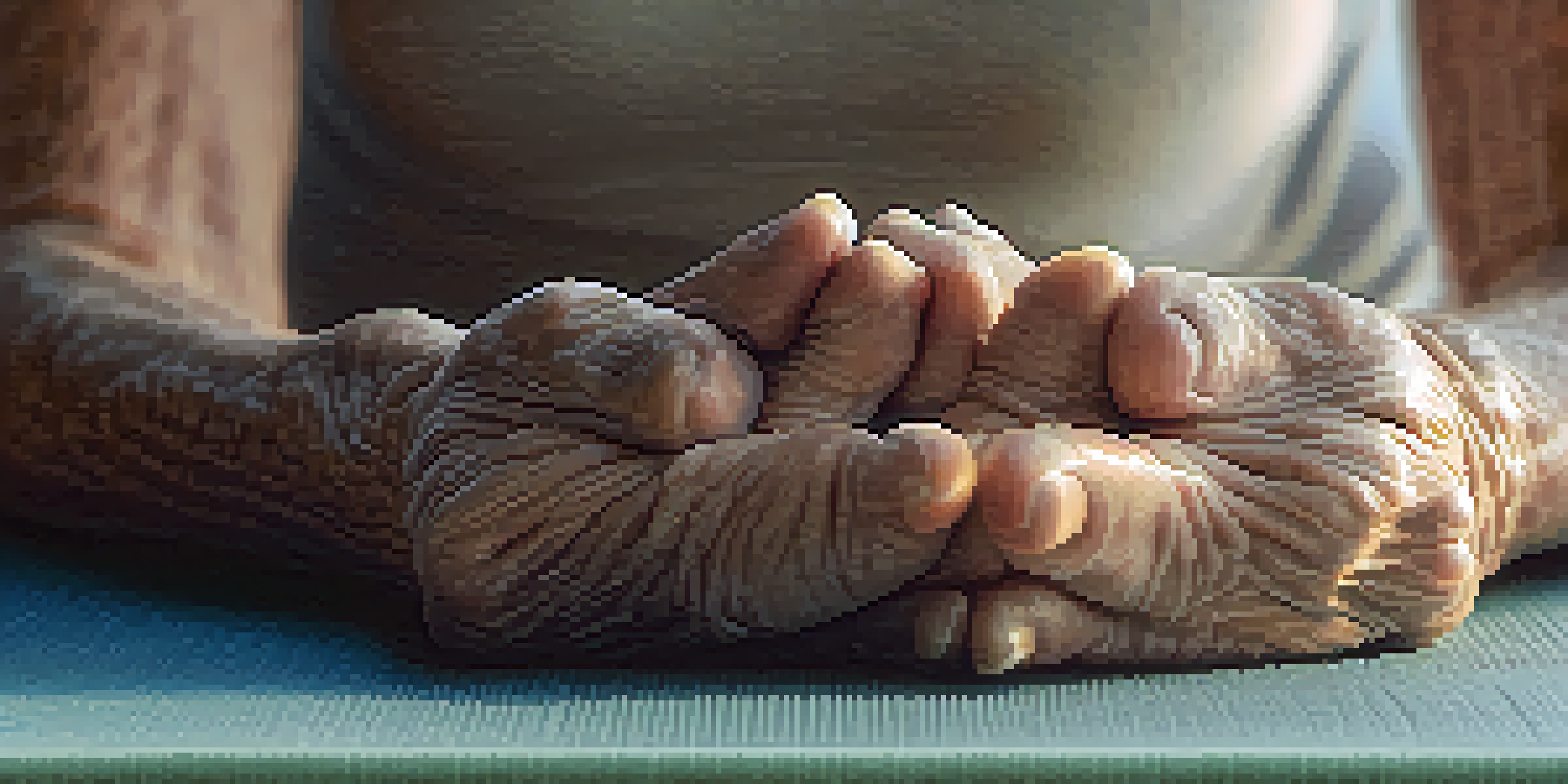 Close-up of an older person's hands on a yoga mat in a peaceful yoga studio setting.