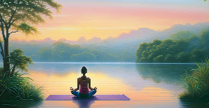 A person meditating on a yoga mat by a peaceful lake at sunrise, surrounded by nature.