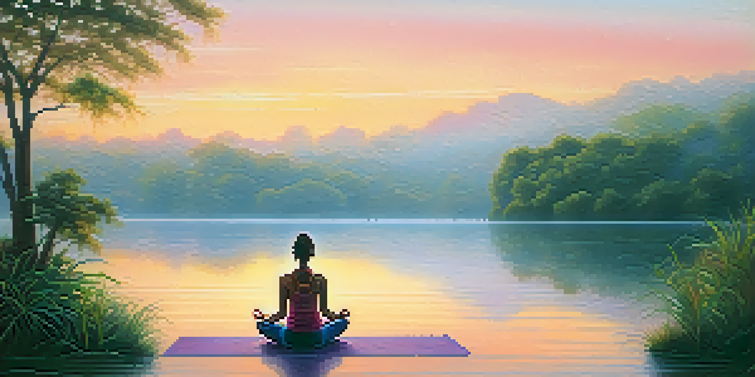 A person meditating on a yoga mat by a peaceful lake at sunrise, surrounded by nature.