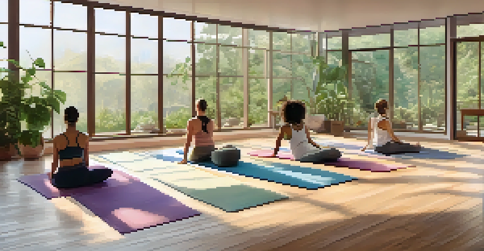 A peaceful indoor yoga studio with people practicing Hatha yoga, surrounded by natural light and greenery outside.