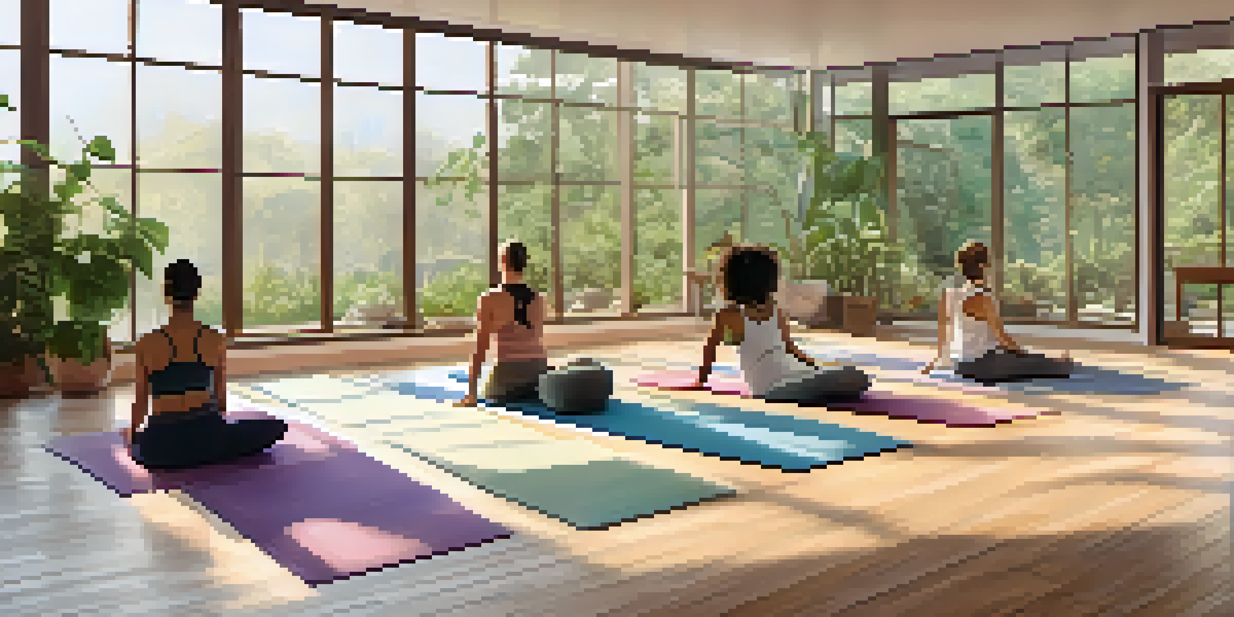 A peaceful indoor yoga studio with people practicing Hatha yoga, surrounded by natural light and greenery outside.