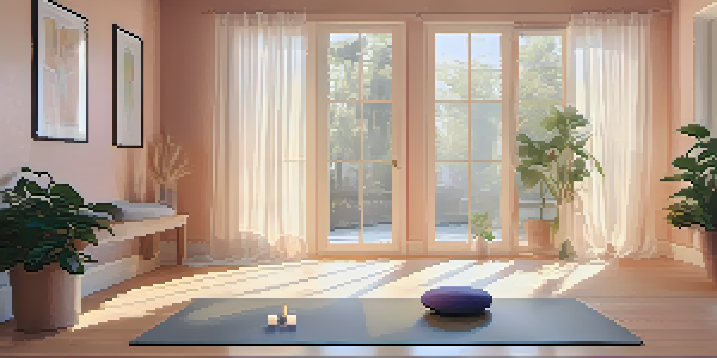 A calm yoga studio with a yoga mat, potted plant, and flickering candles in soft light, creating a peaceful environment.