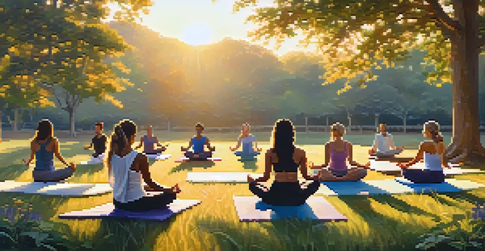 A diverse group of people practicing yoga outdoors on a grassy field at sunrise, surrounded by trees and wildflowers.