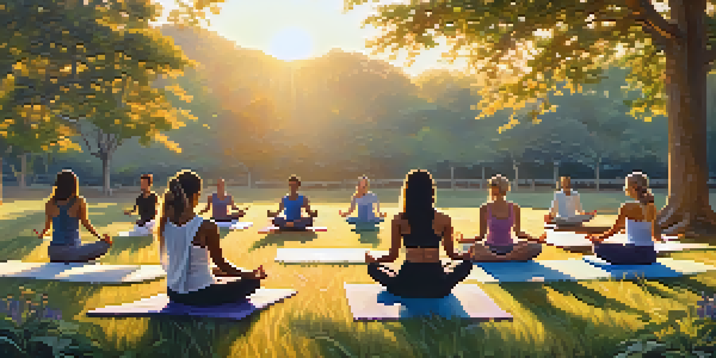 A diverse group of people practicing yoga outdoors on a grassy field at sunrise, surrounded by trees and wildflowers.