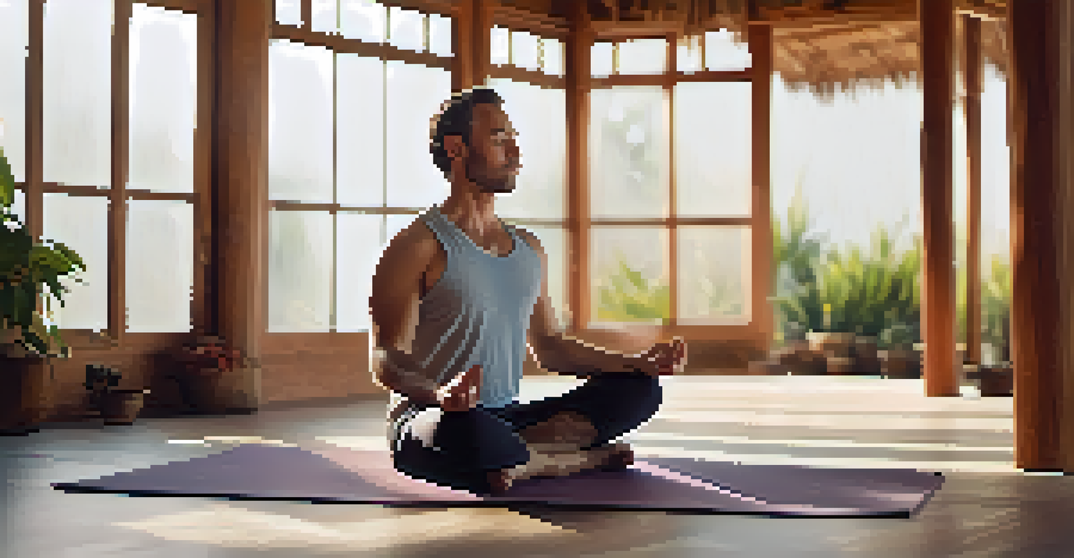 A man in a calm pose practicing mindful breathing during a yoga session.