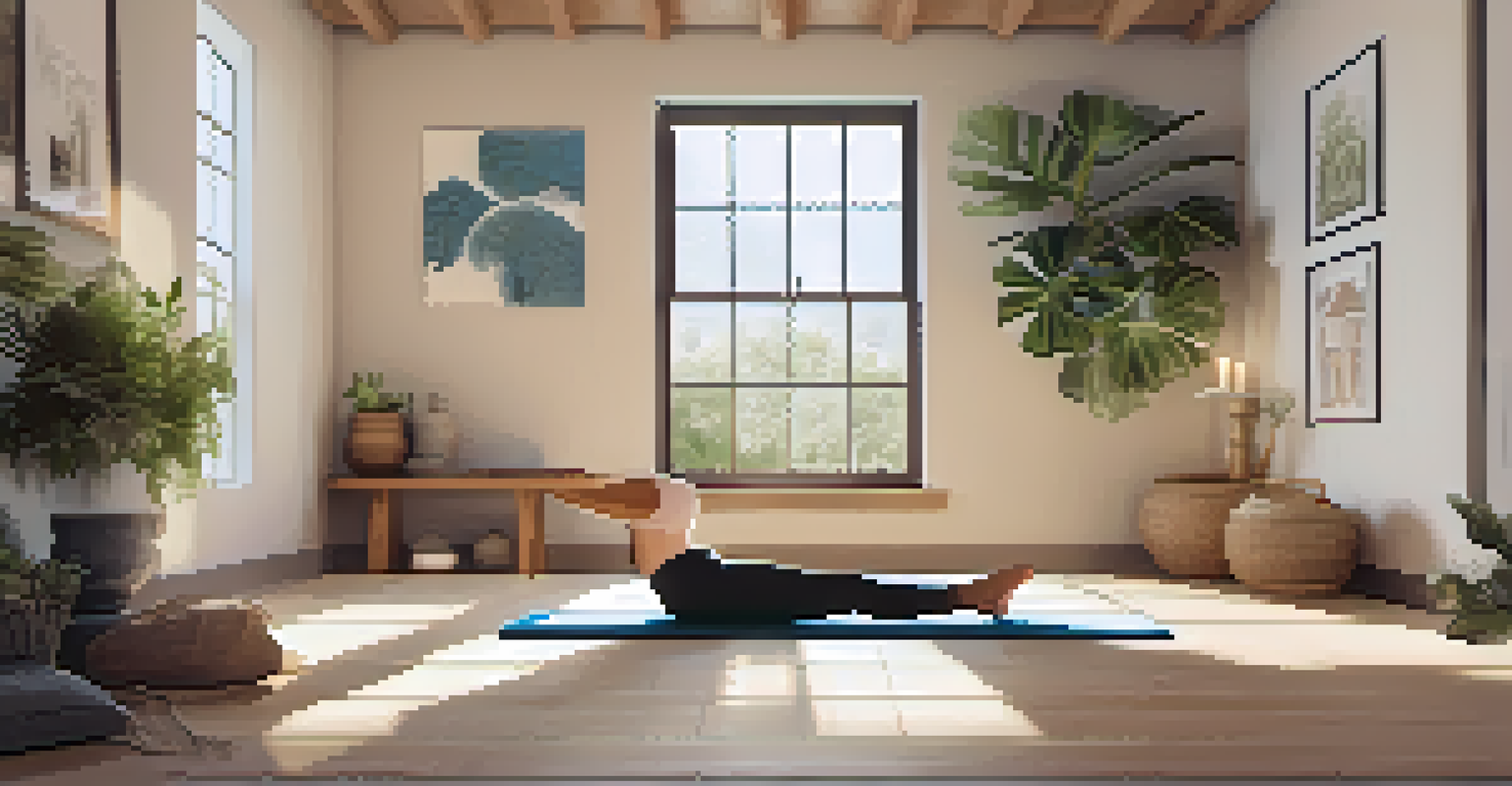 A peaceful home yoga space with a yoga mat, soft lighting, and calming decor.