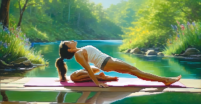 A person practicing yoga in a forward bend pose outdoors, surrounded by greenery and flowers, with sunlight filtering through the trees.