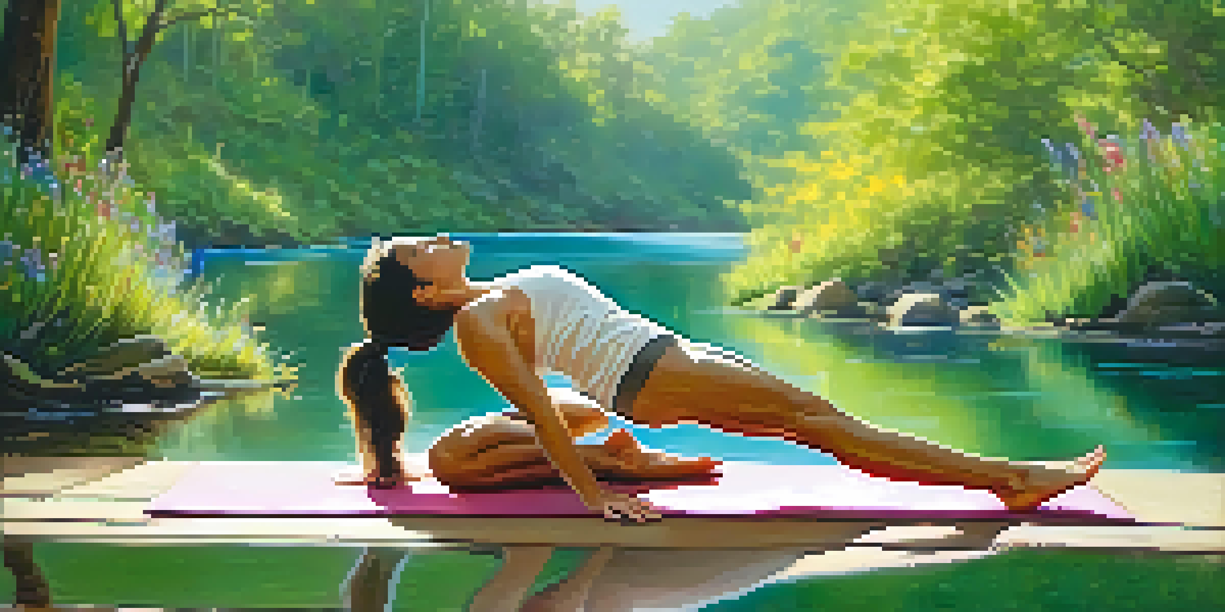A person practicing yoga in a forward bend pose outdoors, surrounded by greenery and flowers, with sunlight filtering through the trees.