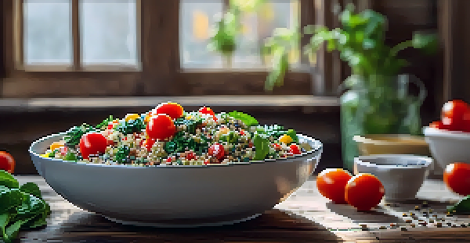 A colorful quinoa salad with cherry tomatoes, spinach, and chia seeds in a bowl on a wooden table, illuminated by natural light.