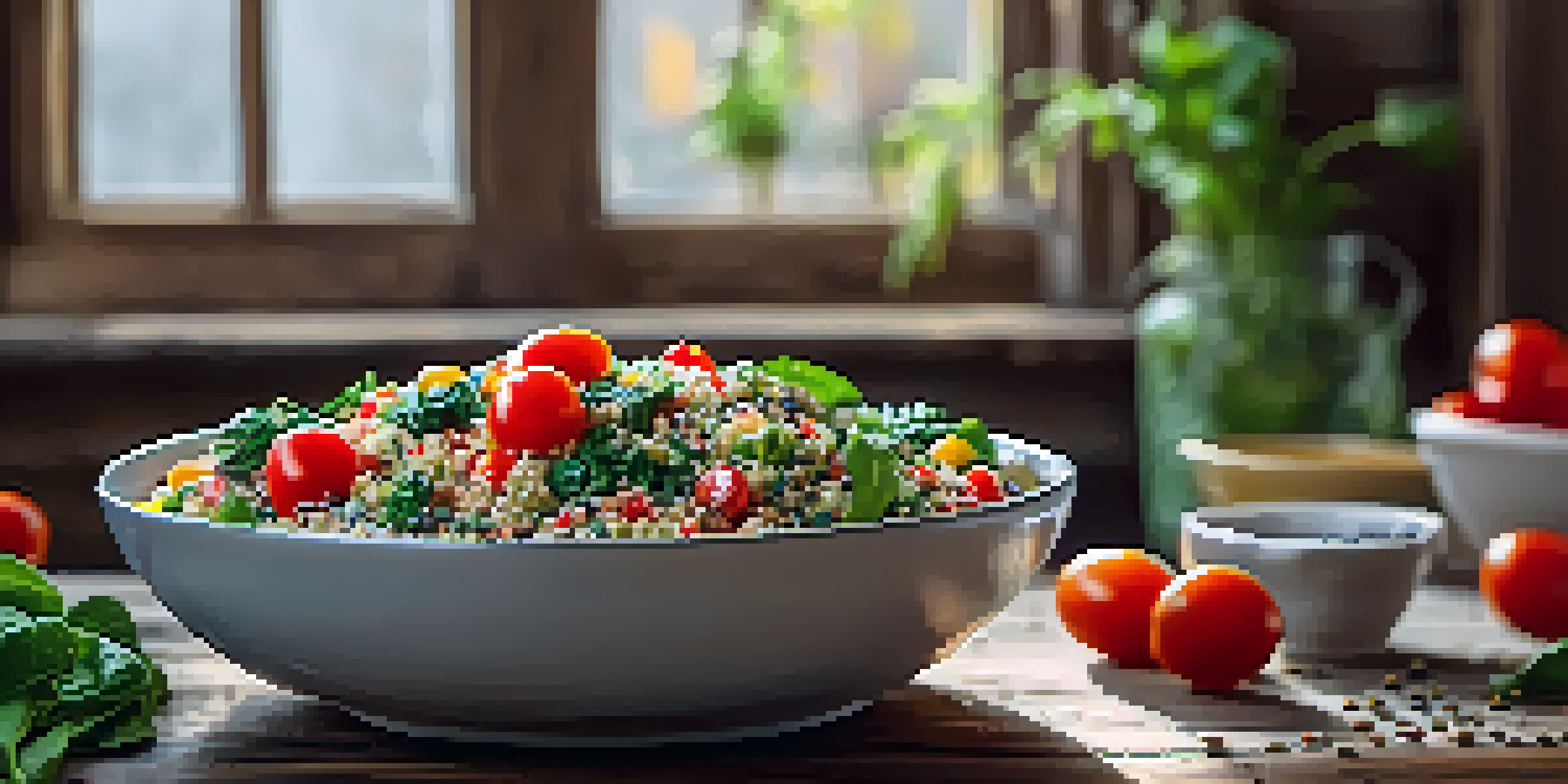A colorful quinoa salad with cherry tomatoes, spinach, and chia seeds in a bowl on a wooden table, illuminated by natural light.