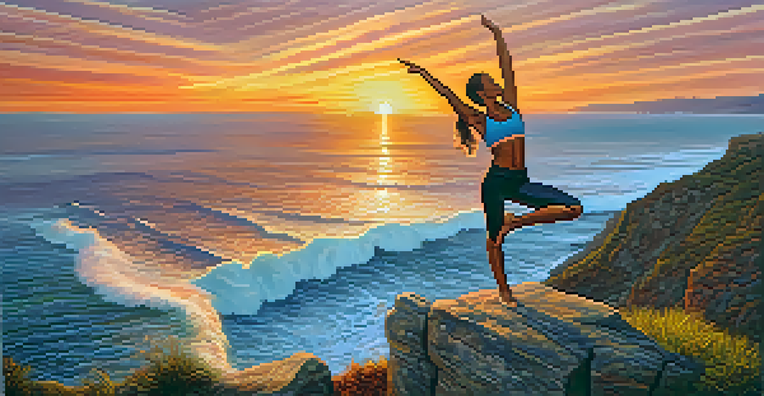 An athlete practicing yoga on a cliff at sunset, performing a warrior pose with the ocean and vibrant sunset colors in the background.