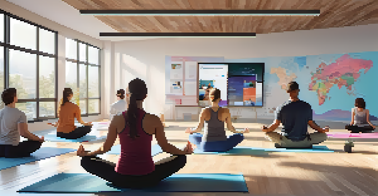 Colleagues participating in a virtual yoga session in an office, showcasing teamwork and wellness.