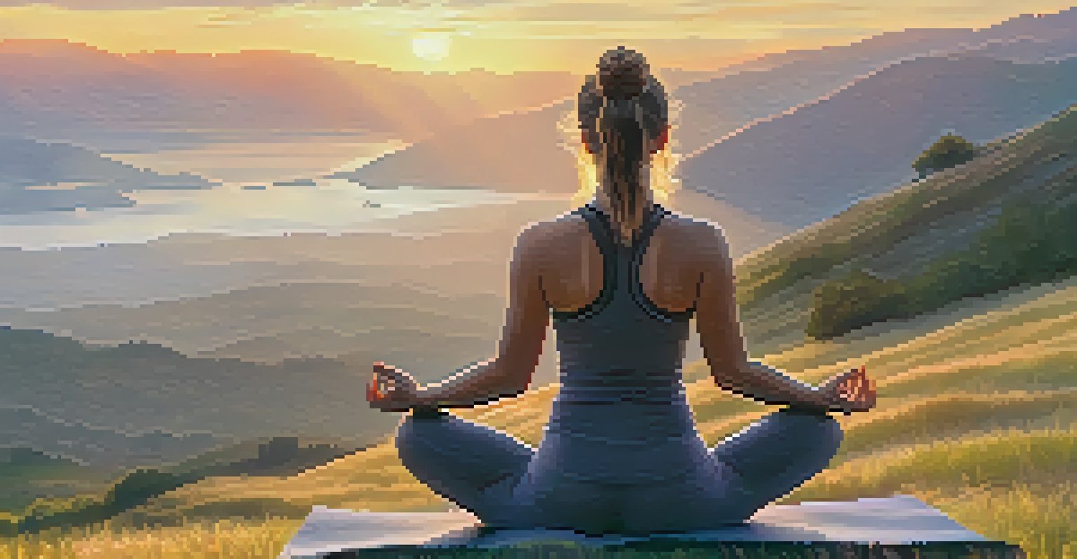 A woman practicing yoga outdoors at sunrise on a grassy hillside with mountains in the background.