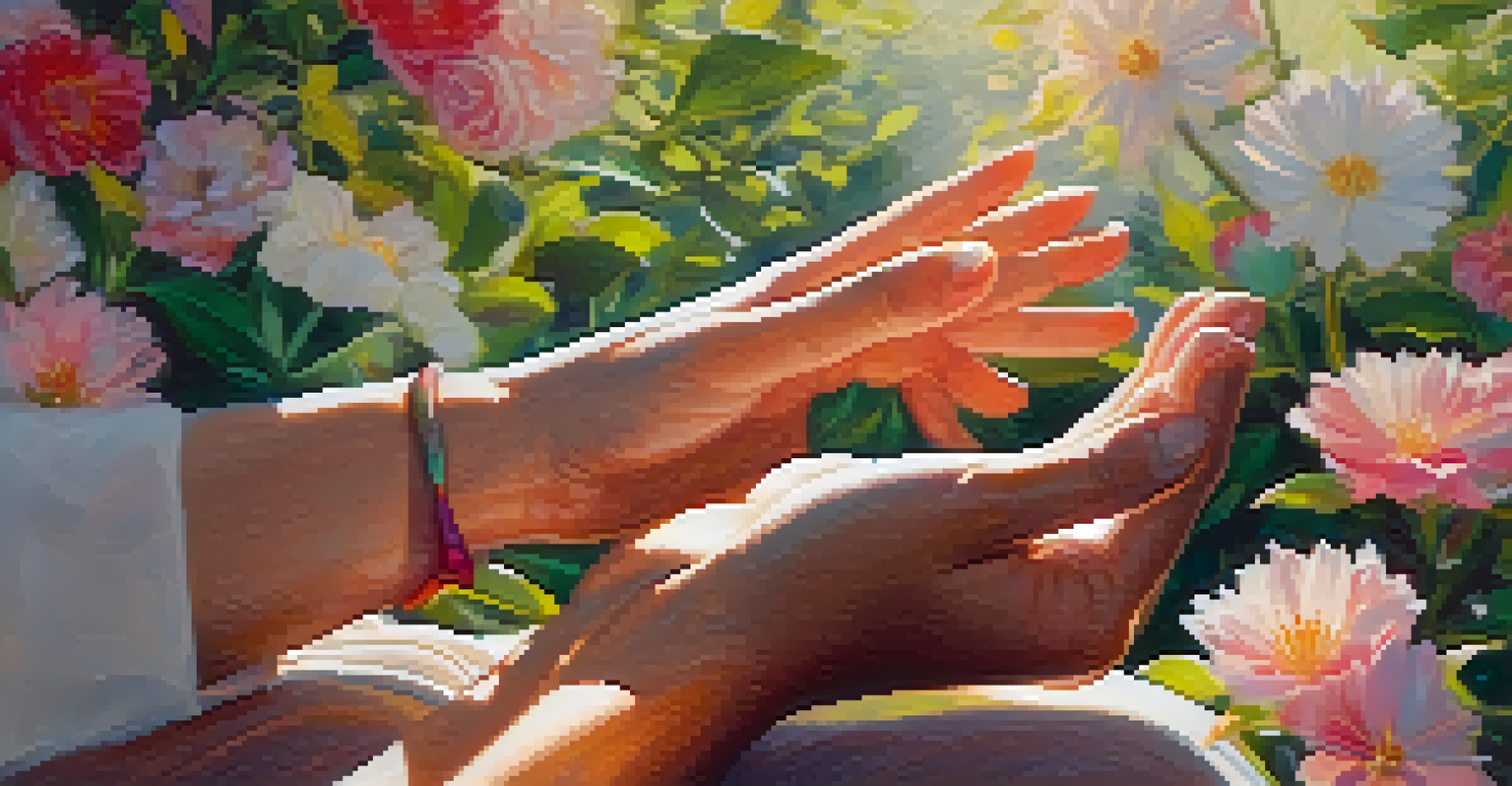 Close-up of hands in a meditative gesture surrounded by colorful flowers.