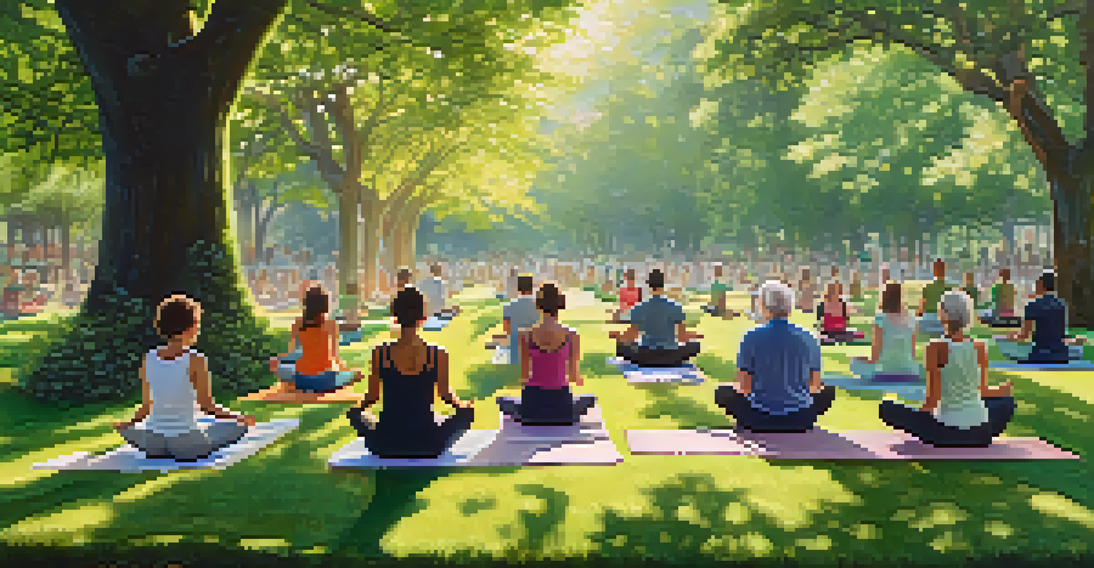 Individuals of different ages practicing gentle yoga poses in a lush green park, surrounded by blooming flowers and dappled sunlight.