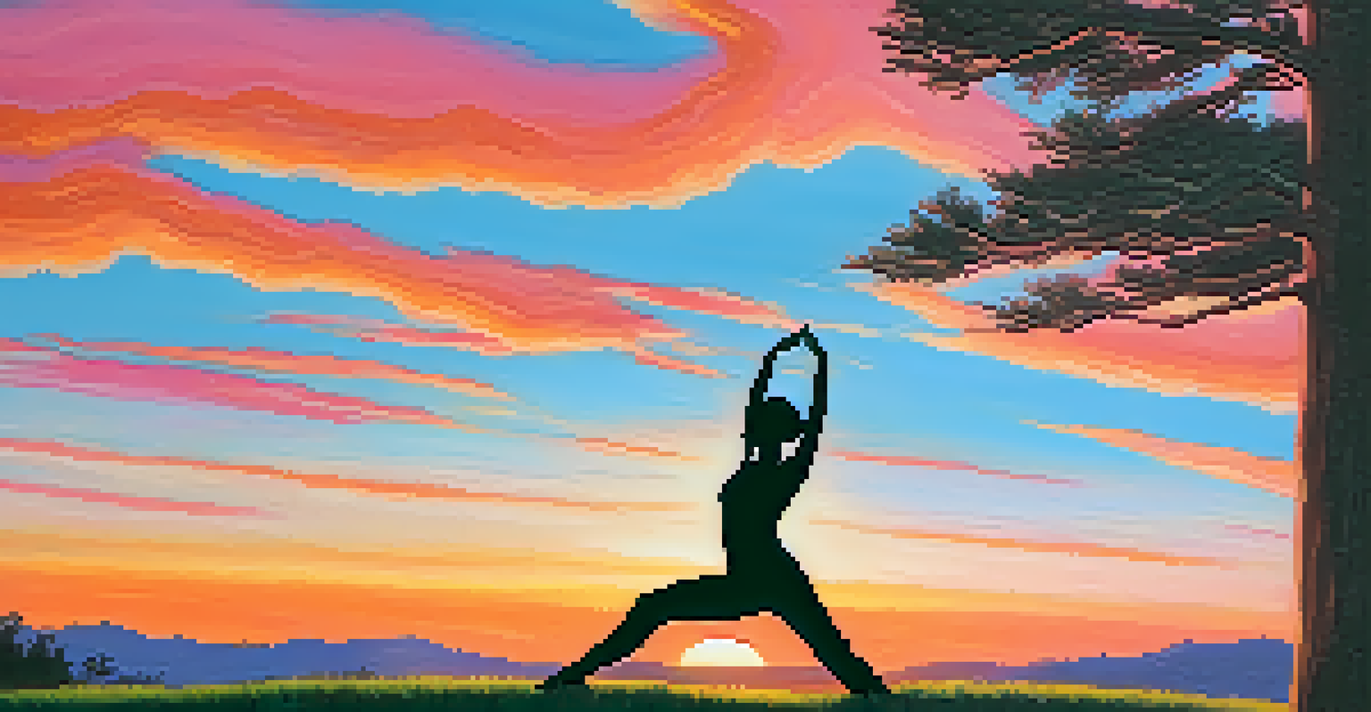 A yogi performing Tree Pose on a grassy hill at sunrise, with a colorful sky in the background.