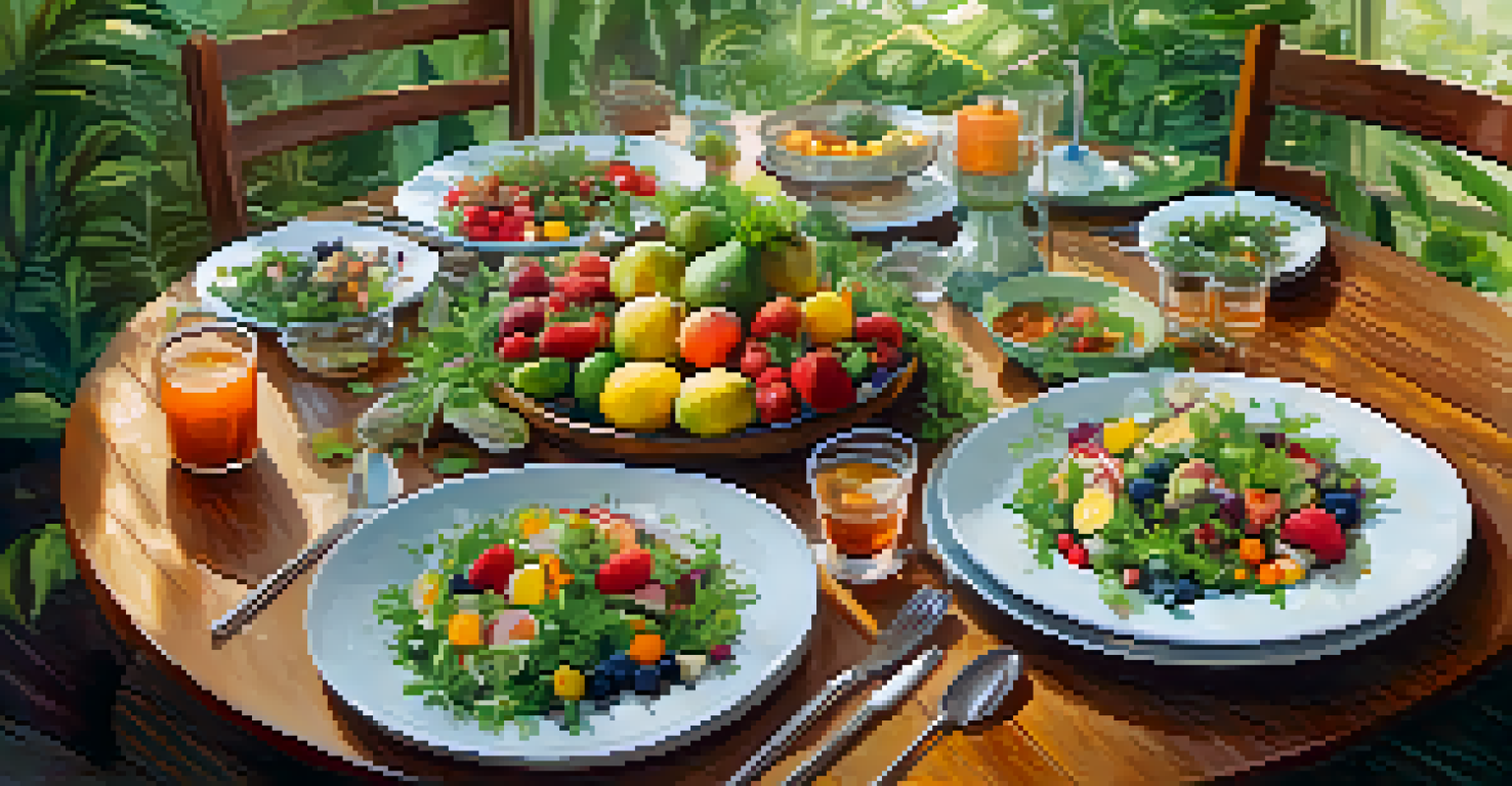 A table set with colorful healthy dishes at a yoga retreat, surrounded by greenery and soft lighting.