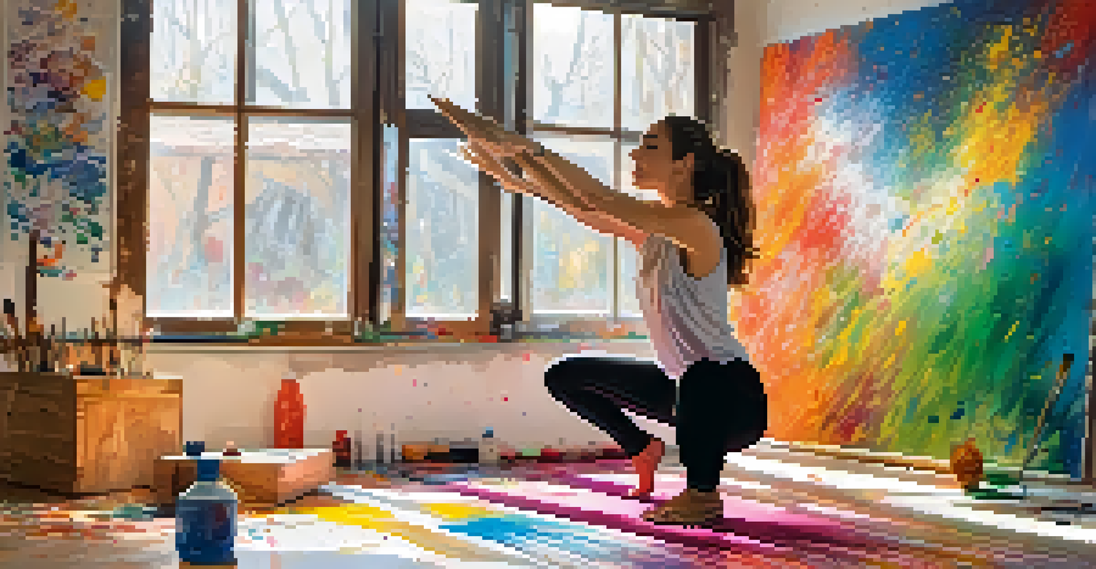 An artist practicing yoga in a colorful studio, surrounded by paint and canvases.