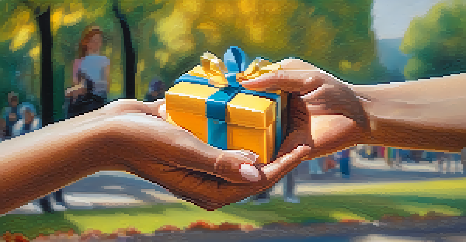 Two hands exchanging a gift in a park setting, illustrating kindness and positive relationships.