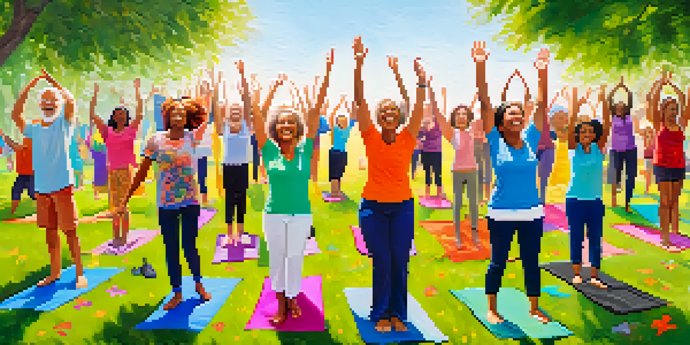 A diverse group of people participating in a laughter yoga session in a park, laughing joyfully under a clear blue sky.