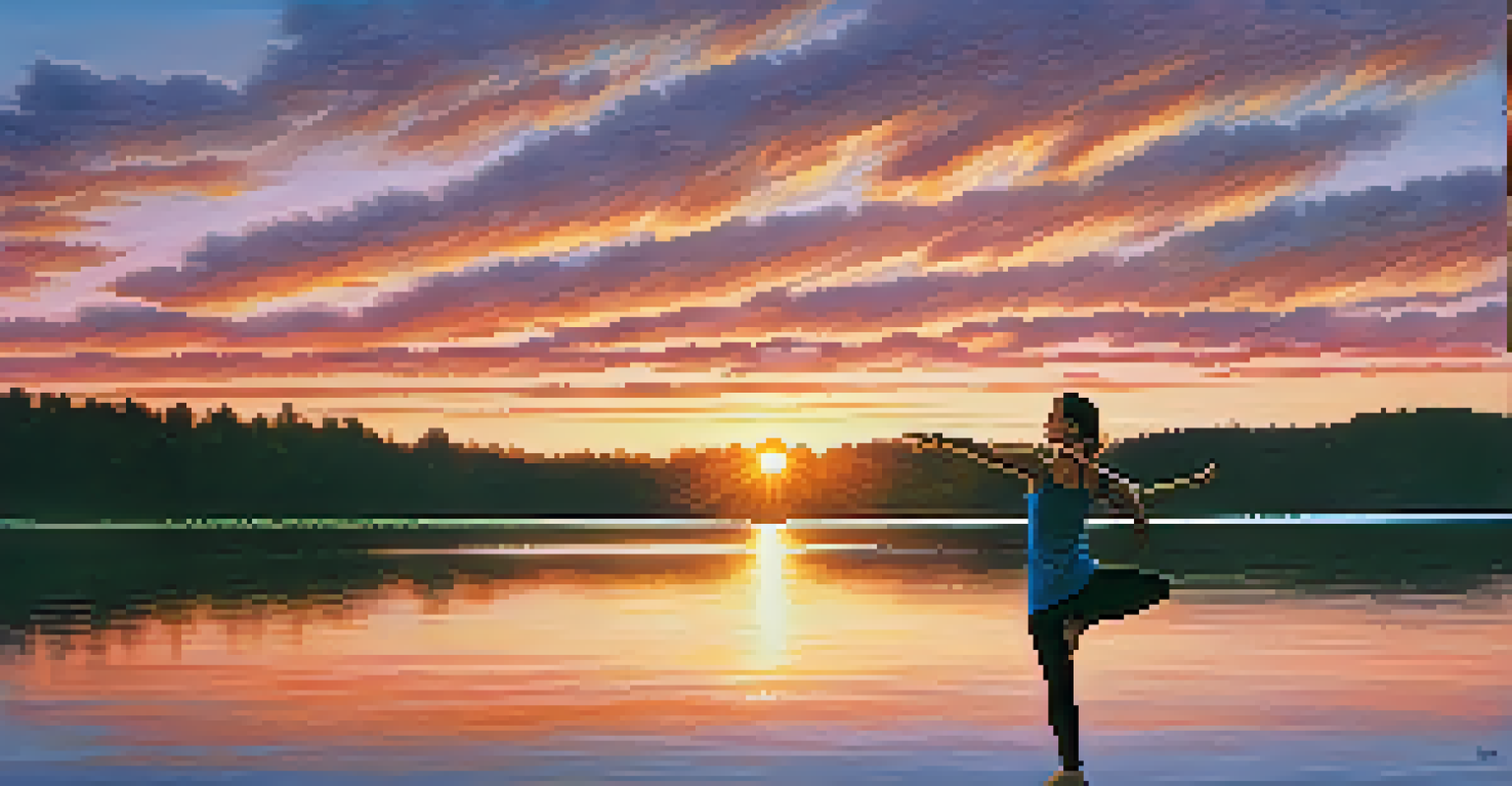 A person in Warrior II pose at sunrise by a lake, with colorful reflections on the water.
