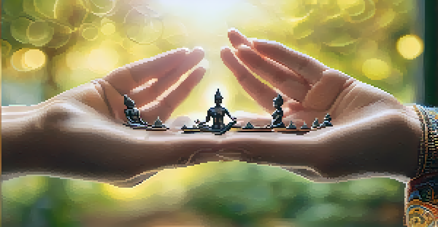 Close-up of hands in a yoga pose with a blurred outdoor background.
