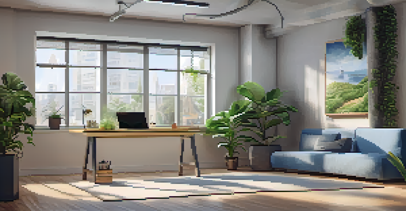 An office workspace with a cozy relaxation corner and a leader practicing deep breathing on a yoga mat, surrounded by greenery and inspirational decor.