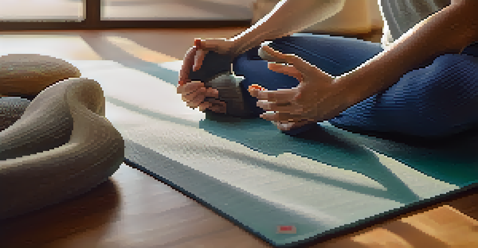 Close-up of hands in a meditative pose on a colorful yoga mat in an office setting.