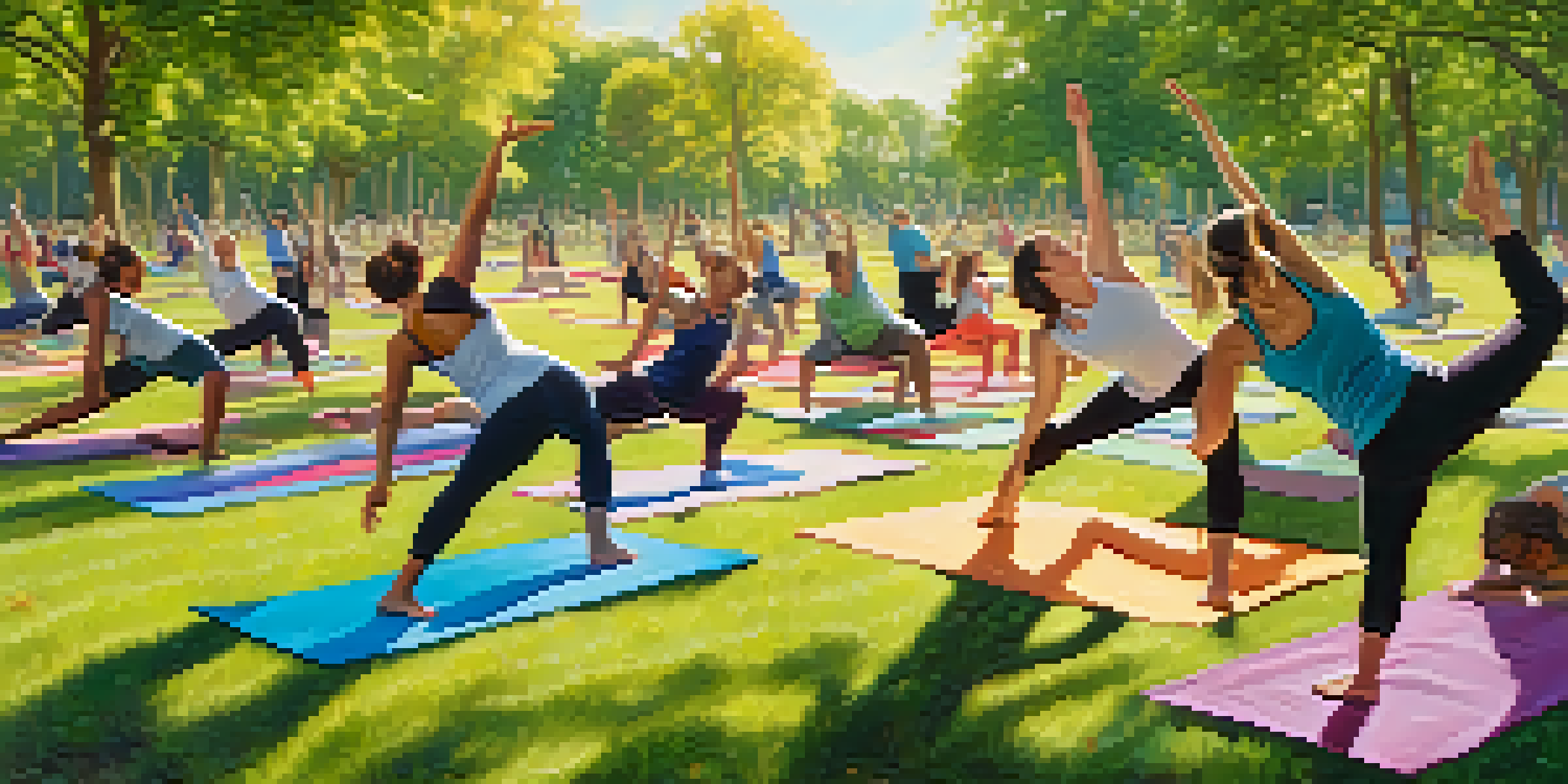 A diverse group of people practicing yoga together in a sunlit park.