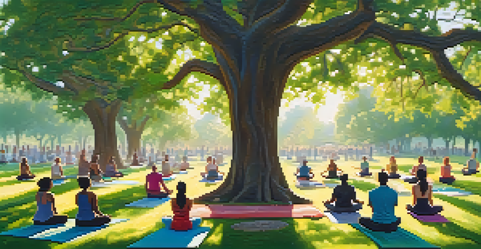 A diverse group of people practicing Tree Pose in a green park, surrounded by wildflowers and sunlight filtering through leaves.