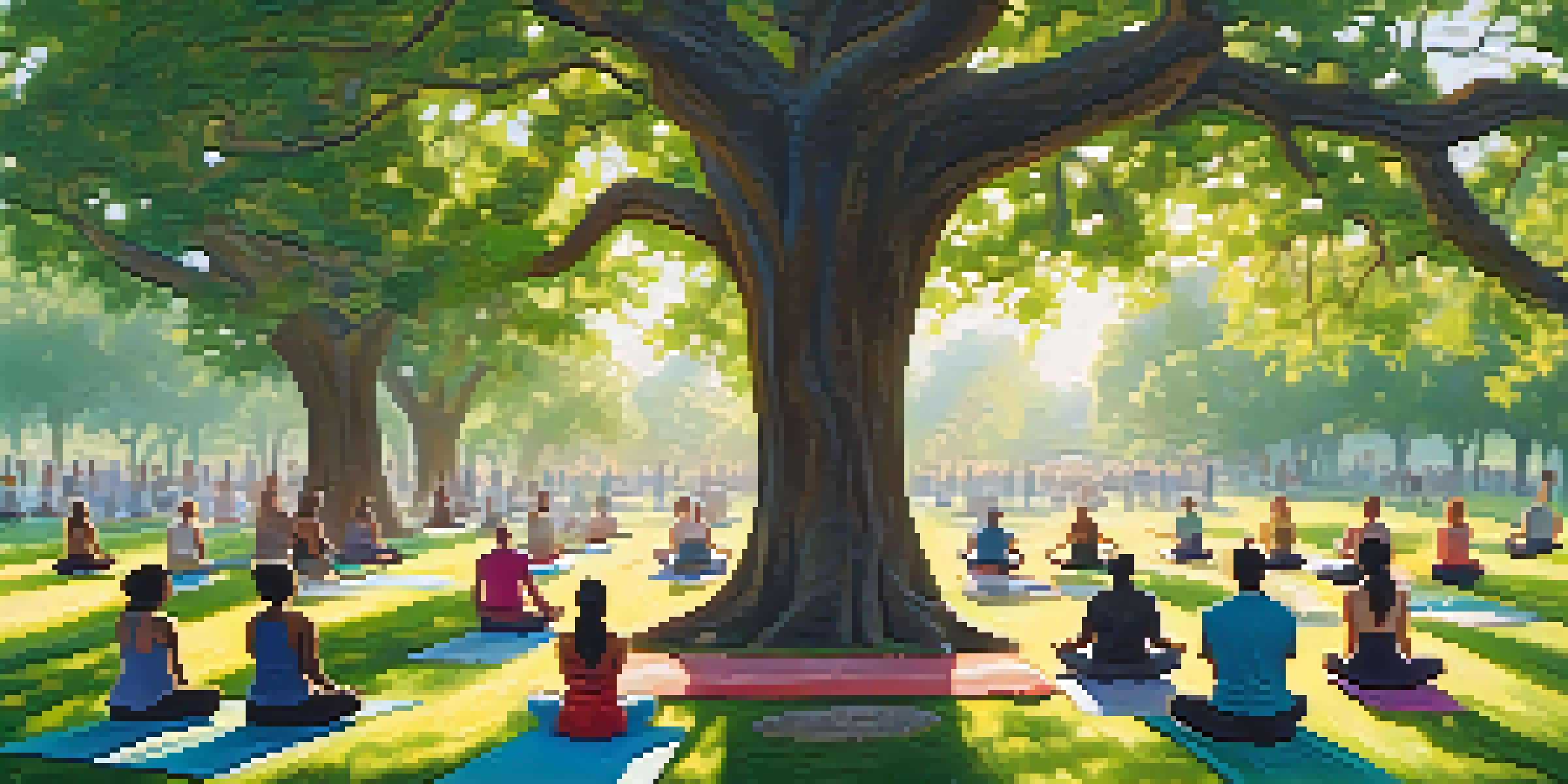 A diverse group of people practicing Tree Pose in a green park, surrounded by wildflowers and sunlight filtering through leaves.