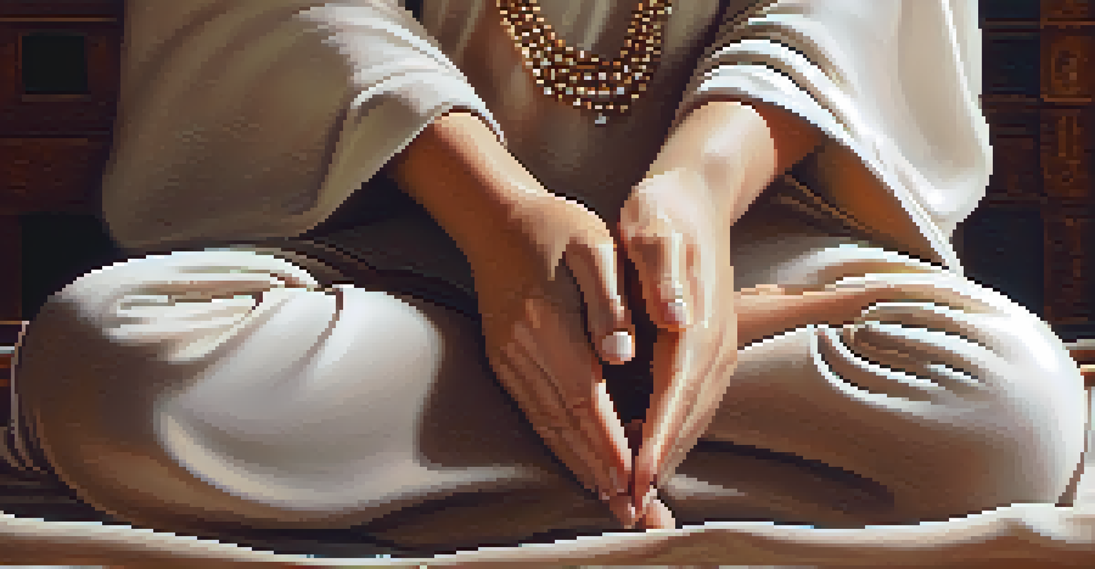 Close-up of hands in a meditation pose, with natural jewelry and a blurred background.