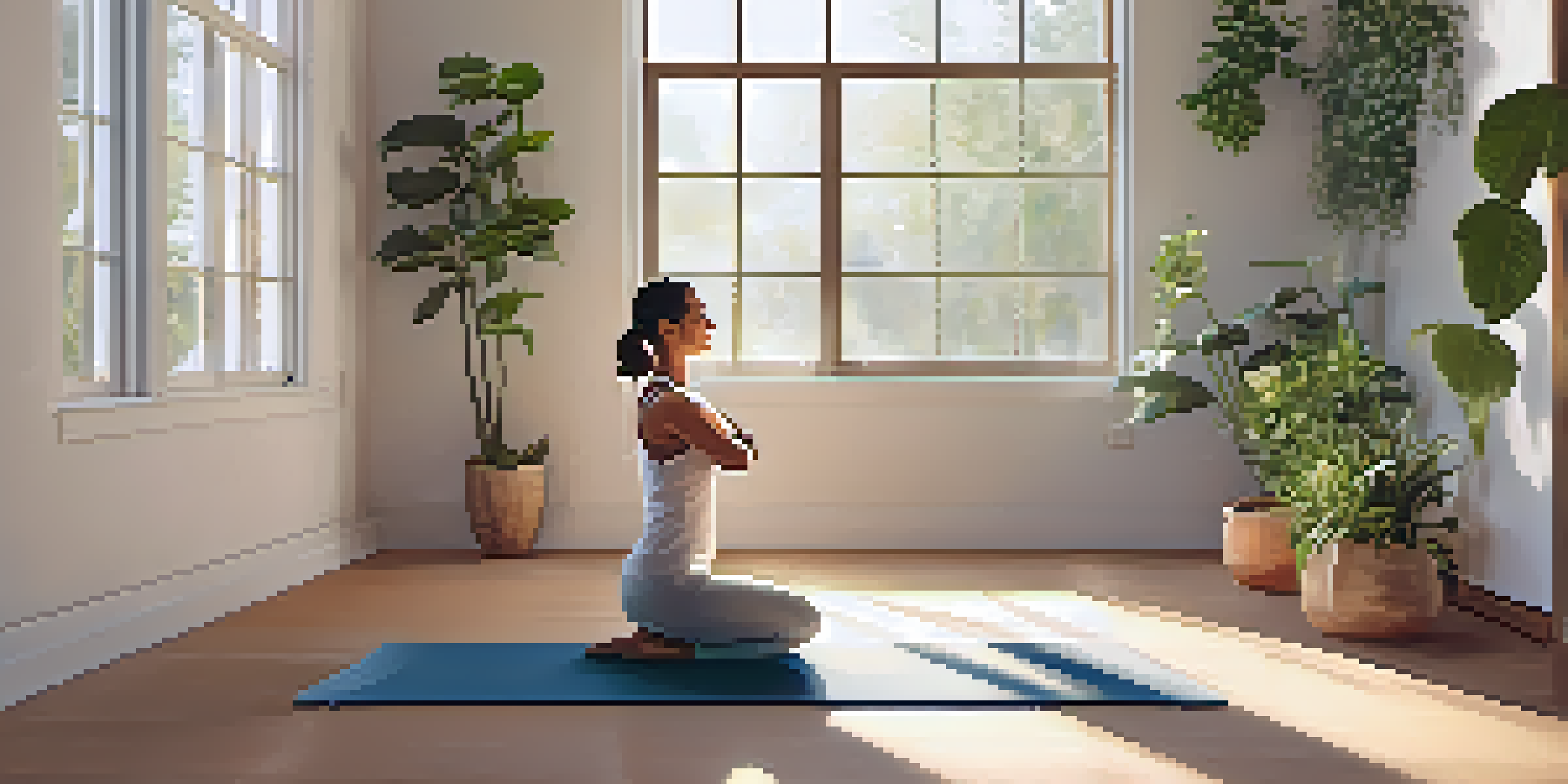 A person performing the Sun Salutation yoga pose in a bright and tranquil studio, with sunlight pouring in through large windows.