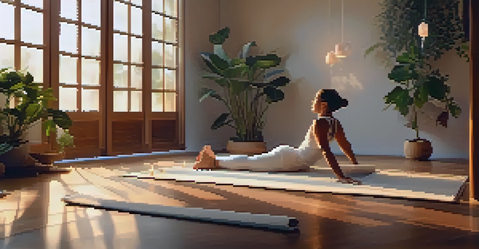 A person lying on a yoga mat in a tranquil indoor space, surrounded by cushions, candles, and plants, in a warm and peaceful ambiance.