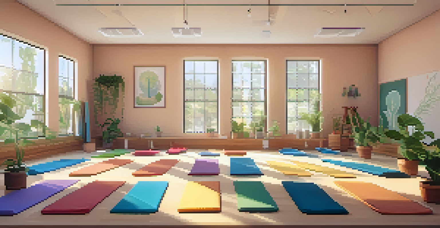 A calm yoga space in a school with soft lighting, cushions, and plants for relaxation.
