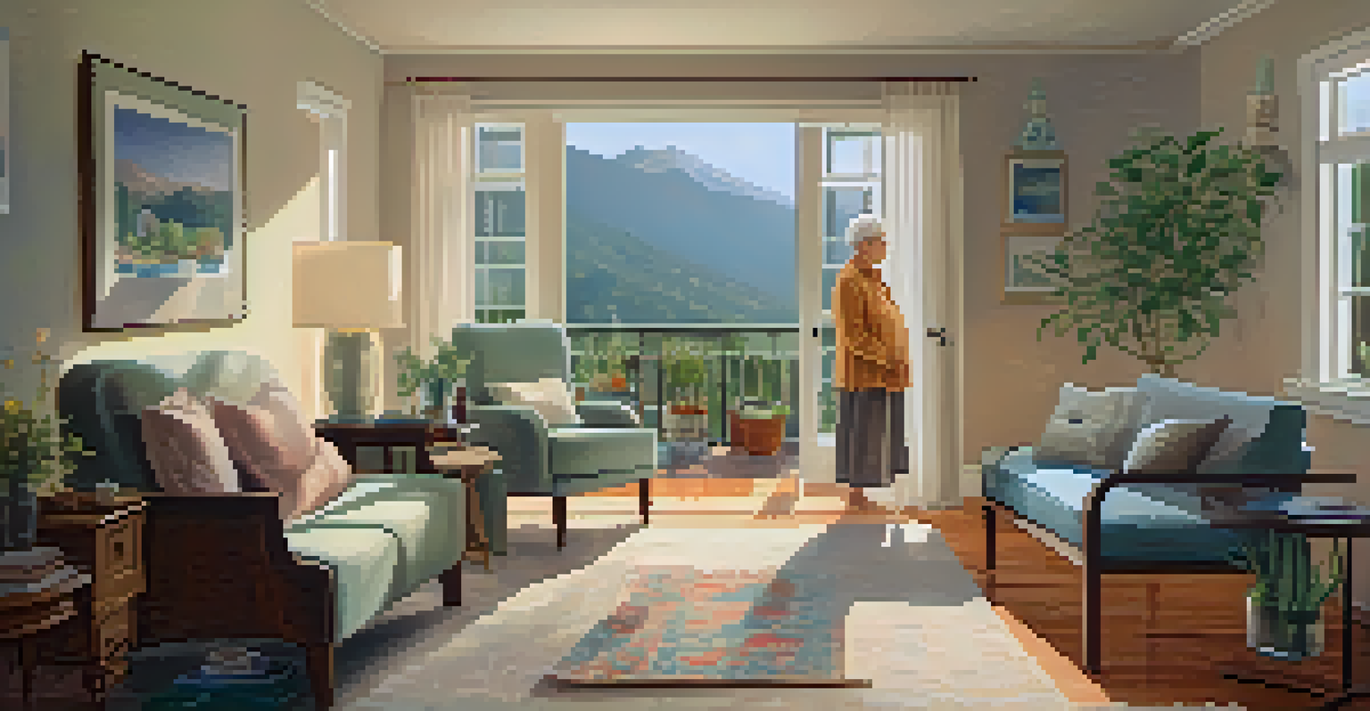 An elderly woman practicing chair yoga in a bright living room, with a caregiver nearby for support.