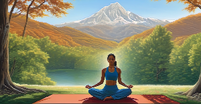 A person practicing yoga in Mountain Pose in a serene landscape with mountains and trees, symbolizing grounding and stability.