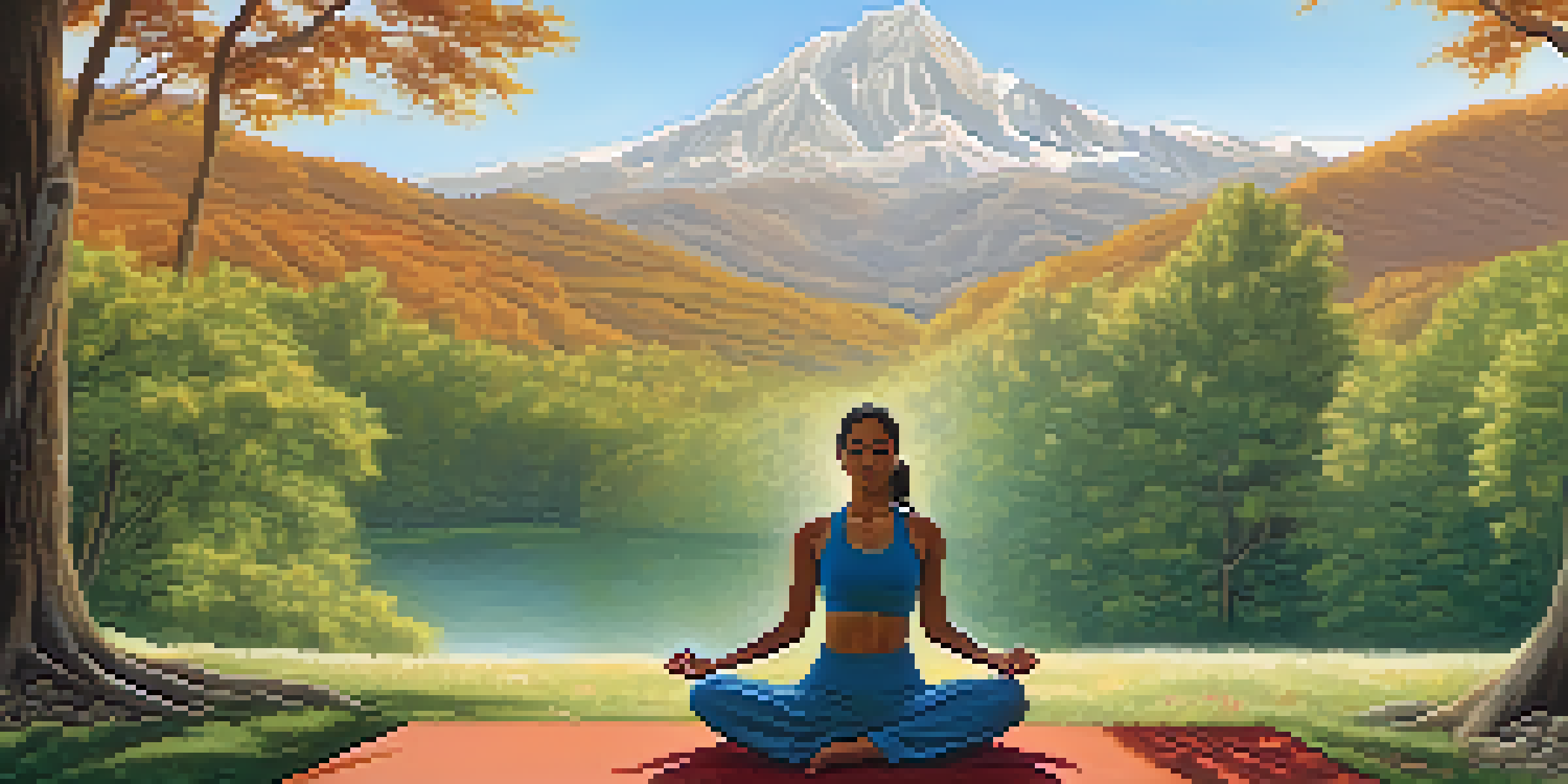 A person practicing yoga in Mountain Pose in a serene landscape with mountains and trees, symbolizing grounding and stability.