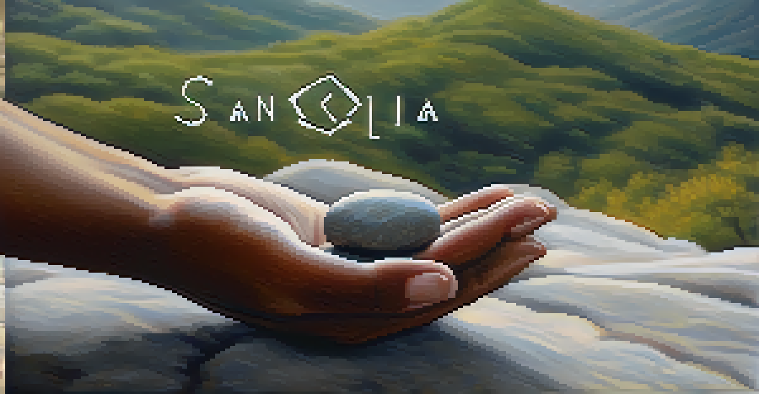 A close-up of hands holding a stone with 'Sankalpa' written on it, set against a blurred peaceful landscape, representing intention and mindfulness.