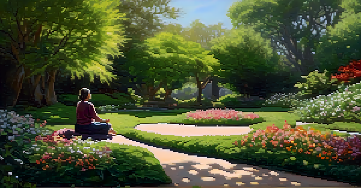 A person meditating in a peaceful garden filled with flowers and greenery, illuminated by soft sunlight.
