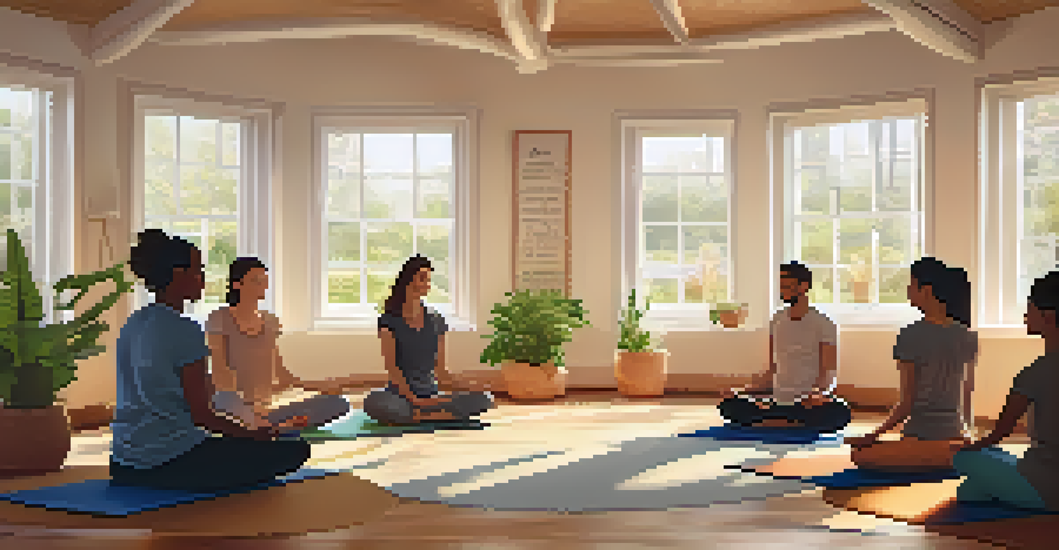 Participants engaged in a group discussion during a yoga workshop in a cozy indoor setting.
